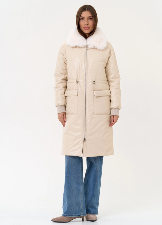Женский пуховик из эко кожи с воротником из эко меха модель № 30725 в рассрочку