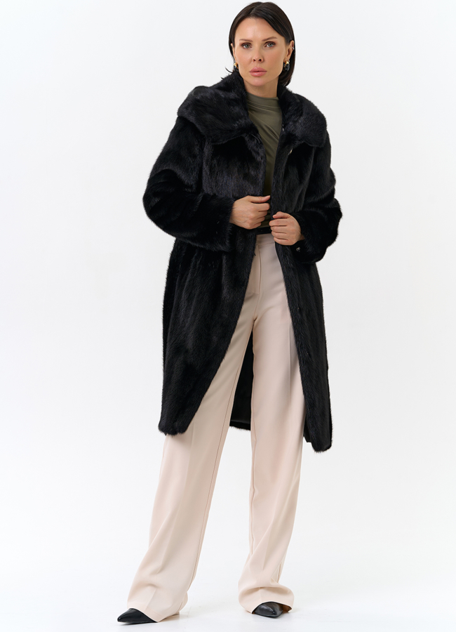 Норковая шуба с капюшоном и поясом черного цвета модель № 29529 универмаг малина