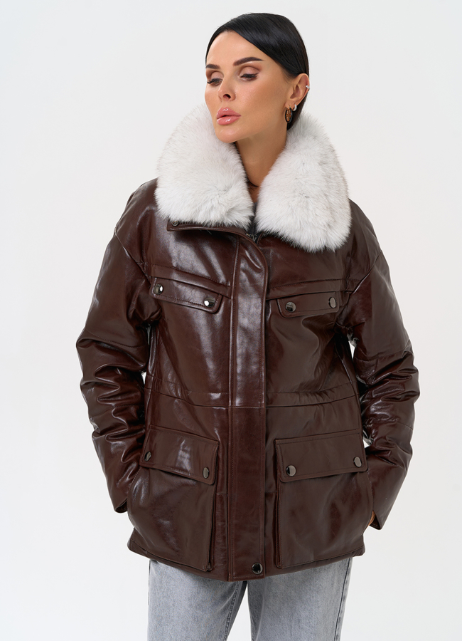 Коричневый кожаный пуховик модель № 31570 универмаг малина