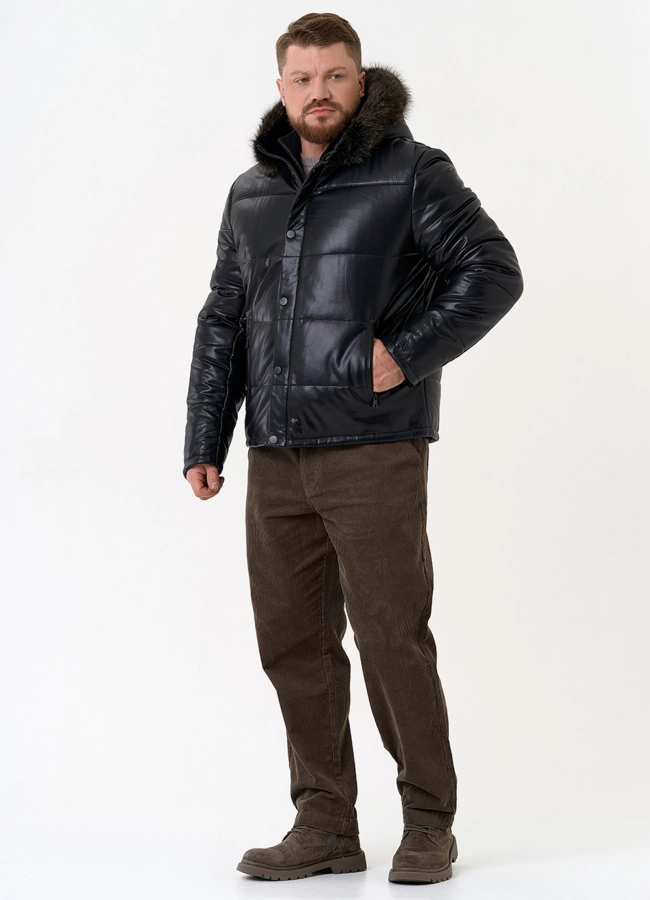 Пуховик из эко кожи с капюшоном из меха енота модель № 31720 в кредит