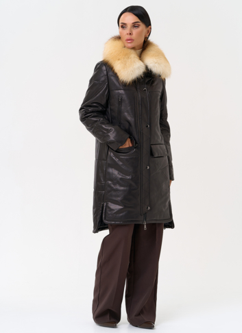 Кожаный пуховик с воротником из лисы