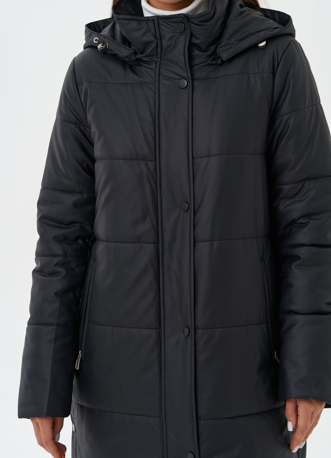 Пуховик из эко кожи с капюшоном модель № 27729 в рассрочку