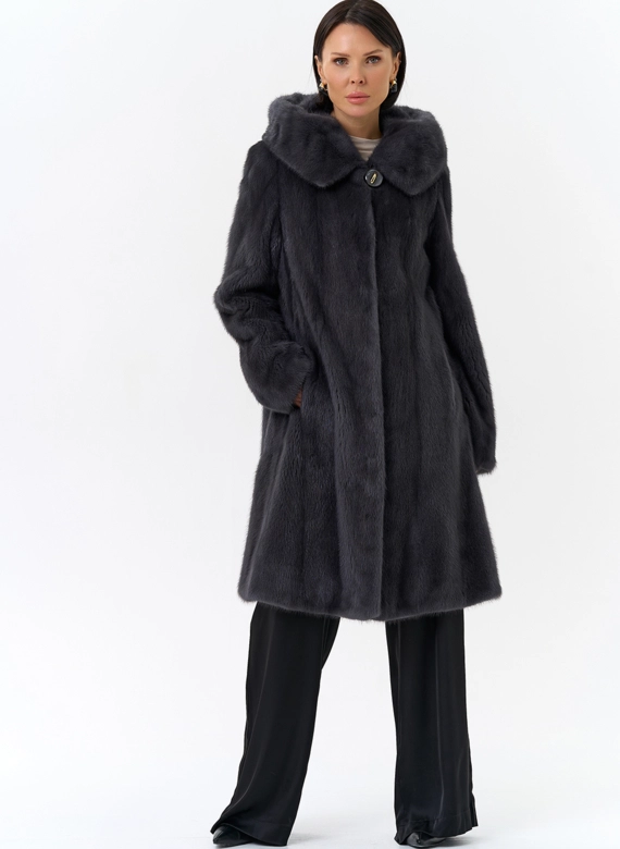 Норковая шуба годе/балетка в роспуск с капюшоном цвета графит