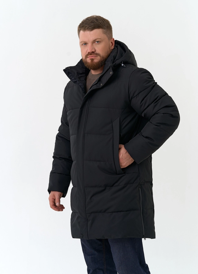 Мужской удлиненный пуховик с капюшоном модель № 34075 универмаг малина фото