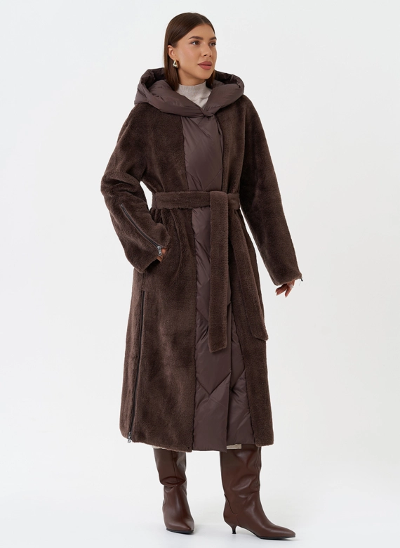 Комбинированное пальто на утеплении с капюшоном