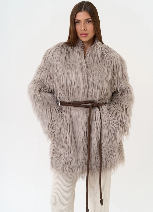 Женская шуба из эко меха с декоративным поясом модель № 31529 меха малина