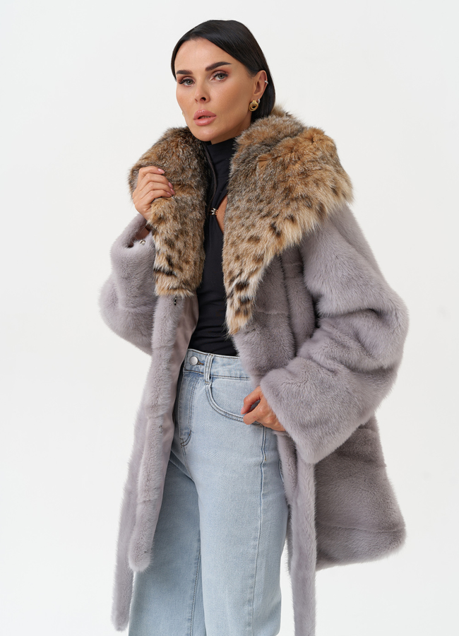 Женская шуба из меха норки с капюшоном из меха рыси модель № 31166 универмаг малина