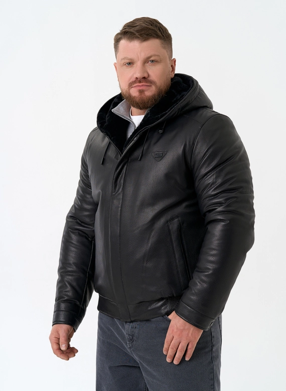 Мужской пуховик из натуральной кожи с капюшоном
