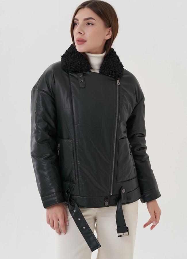 Косуха утепленная из экокожи с отделкой из экомеха модель № 25343 универмаг малина