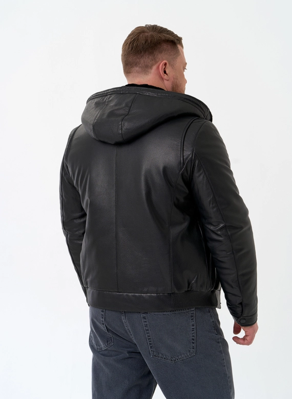 Мужской пуховик из натуральной кожи с капюшоном фото