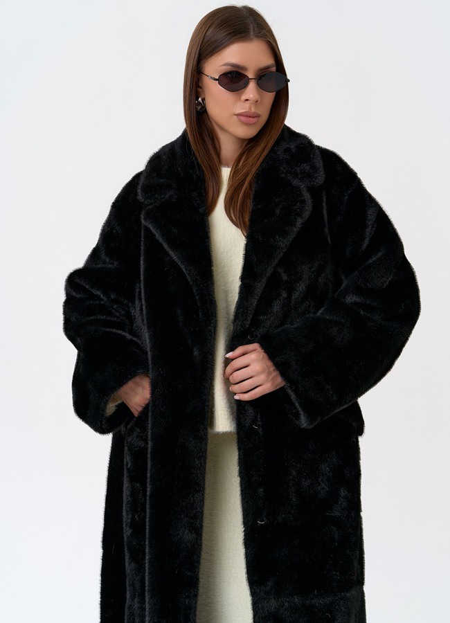 Длинное женское пальто из эко меха с английским воротником модель № 31220 универмаг малина