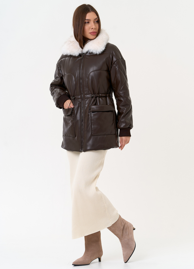 Женский пуховик из эко кожи с воротником из эко меха модель № 30722 в рассрочку