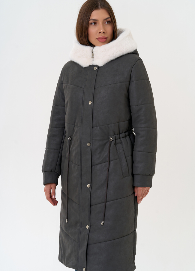 Женское пальто из эко кожи с капюшоном модель № 30731 универмаг малина