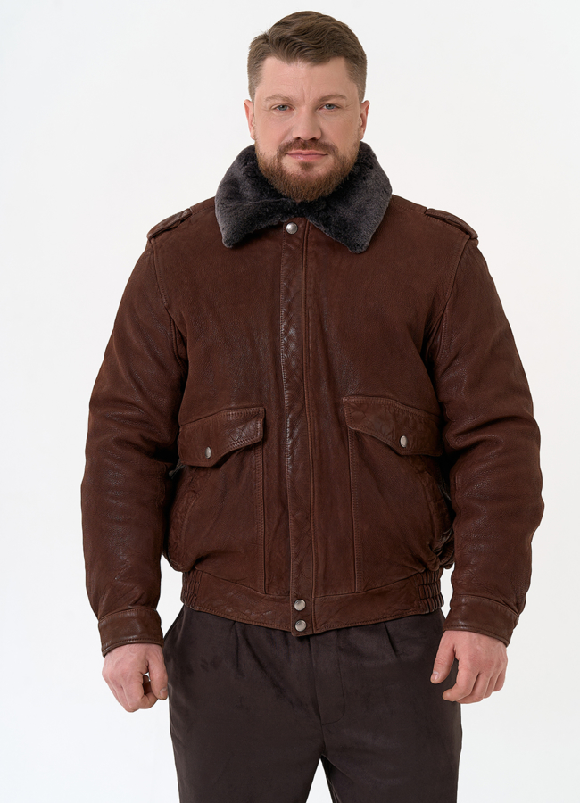 Куртка пилот из натуральной кожи с отделкой из овчины модель № 31658 меха малина