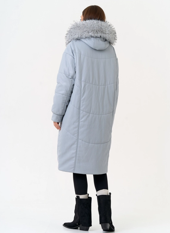 Женский пуховик из эко кожи с отделкой из эко меха