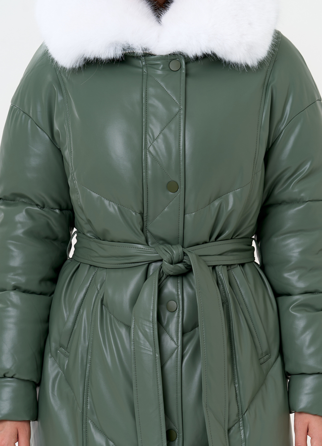 Женский пуховик из эко кожи с отделкой из эко меха модель № 30736 универмаг малина