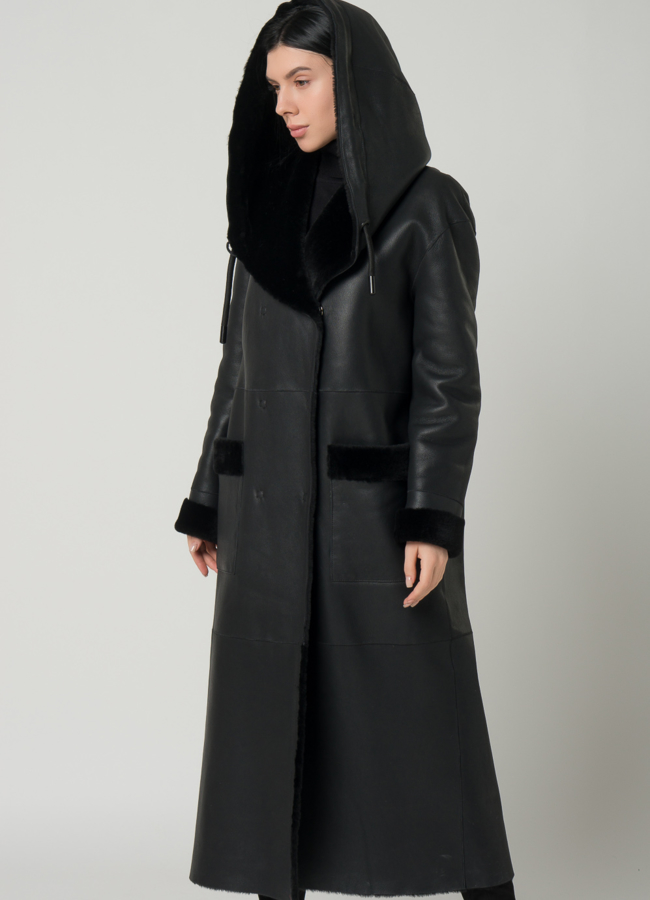 Удлиненная женская дубленка с капюшоном модель № 79587 универмаг малина