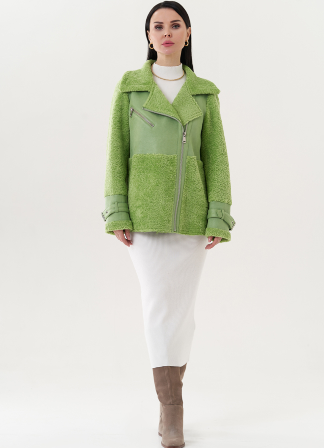 Комбинированная эко дубленка модель № 26736 меха малина