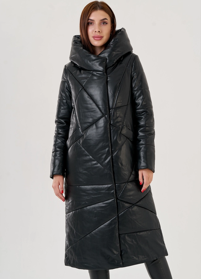 Черный длинный пуховик из эко кожи Malina Siberian модель № 79130 универмаг малина