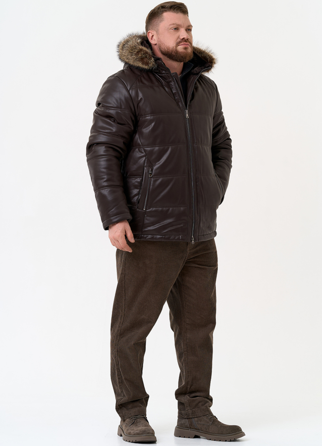 Пуховик из эко кожи с капюшоном из меха енота модель № 31721 универмаг малина